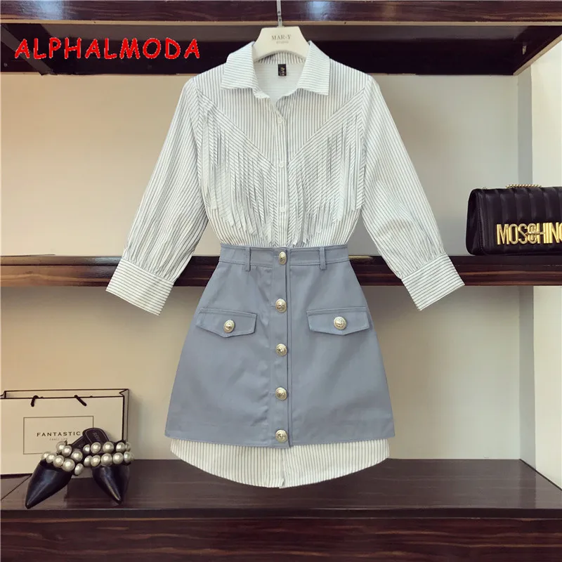 ALPHALMODA, новое модное платье-рубашка с бахромой+ джинсовая юбка, комплект из 2 предметов, высокая талия, трапециевидная юбка на пуговицах, Модный женский комплект из 2 предметов