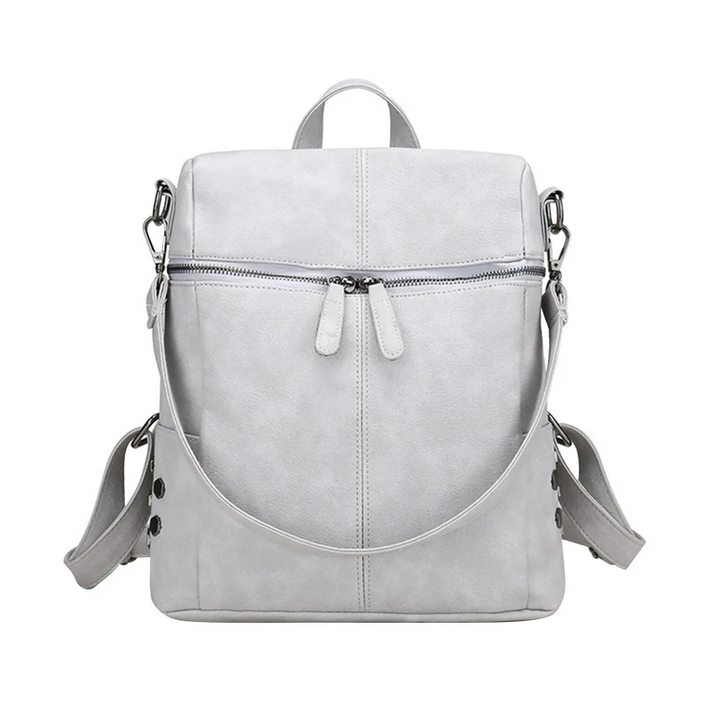 

Gray Leather Backpack Women Zipper Student Shoulder Bag Female Large Capacity Casual Travel Bags Mochila Feminina Sac #S