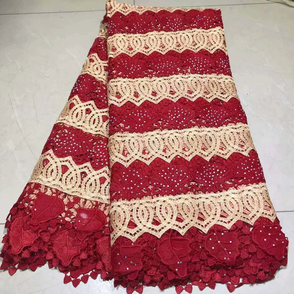 

High Quality African Guipure Cord Lace Fabric fuchsia color France soluble Water Lace For 2019 red guipure cord lace fabric