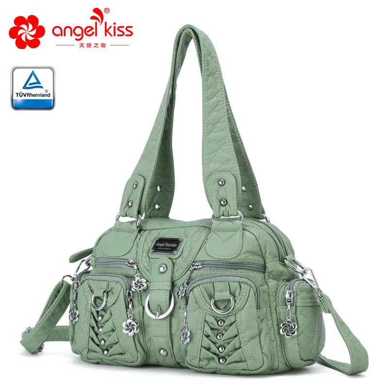 

Angelkiss Fashion Women Washed PU Leather Handbags Female Tender Large Capacity Shoulder Bag Purse Tote Bags for Women