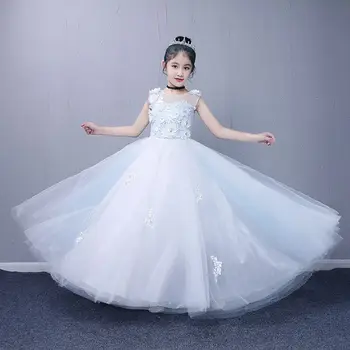 

2019 Kids Girl Elegant Wedding Birthday Party Dress Teen Girl Lace Mesh Princess Dresses Children Sequins Pageant Prom Gown Q29