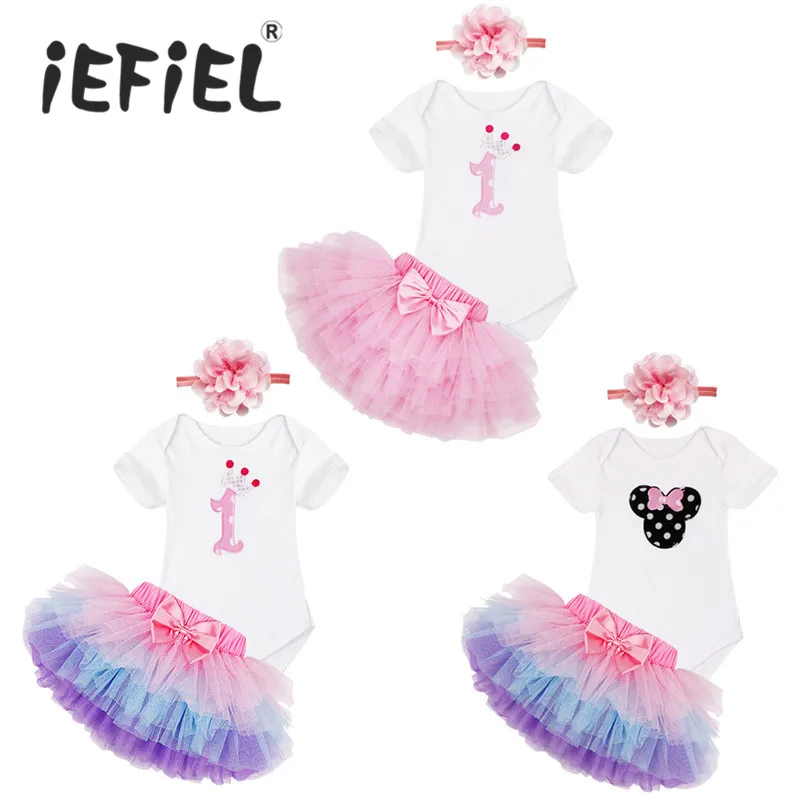 

1st First Birthday Baby Girl Party Outfit 3PCS Summer Clothing Sets Top T Shirt Cake Tutu Skirt Hairband Children Clothes Pink