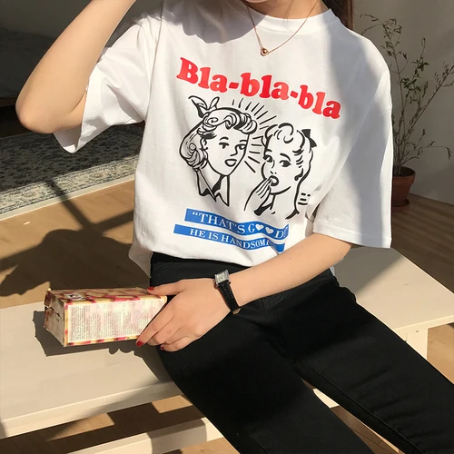 

Character Printed Letter Simple All Match Fashion 2018 New Spring Short Sleeve Female Cute College Wind Tees