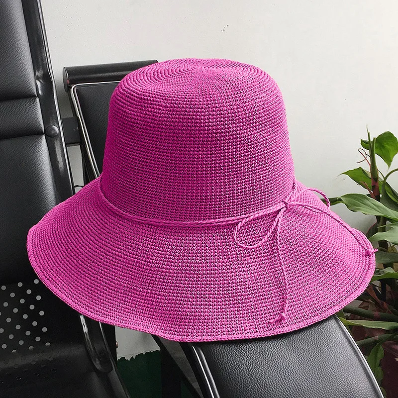Женская Летняя Пляжная Супер тонкая Солнцезащитная шляпа 100% Raffia с модным бантом Raffia Dome ручной работы соломенные шляпы для девочек