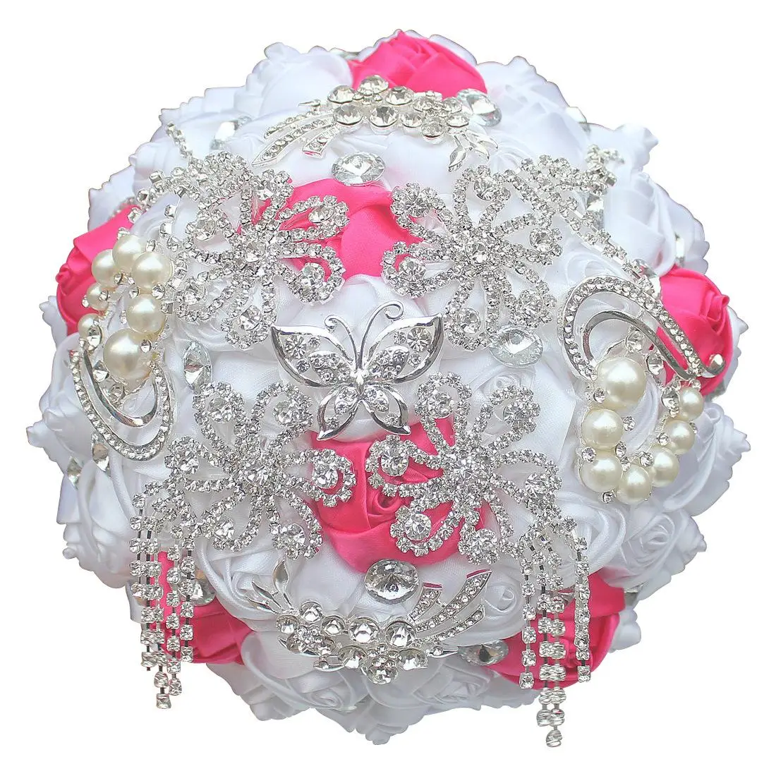 18CM Luxury Ivory Silk Rose Wedding Flowers Crystal Brooch Bridal Holding Flowers Tassel Full Diamond Stitch Wedding Bouquet