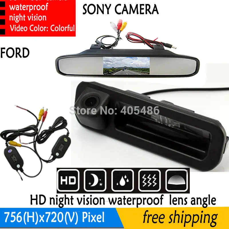 Wireless handle Trunk 4.3 Inch Car Rear View Mirror Monitor Parking Monitor+Car Reverse Camera SONY For Ford Focus Mondeo Kuga |