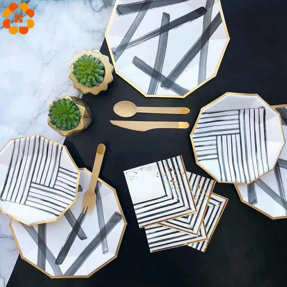 

1 Set White Black Disposable Tableware Set Ink Painting Gilding Paper Plate/Cup For Wedding Table Decor Birthday Party Supplies