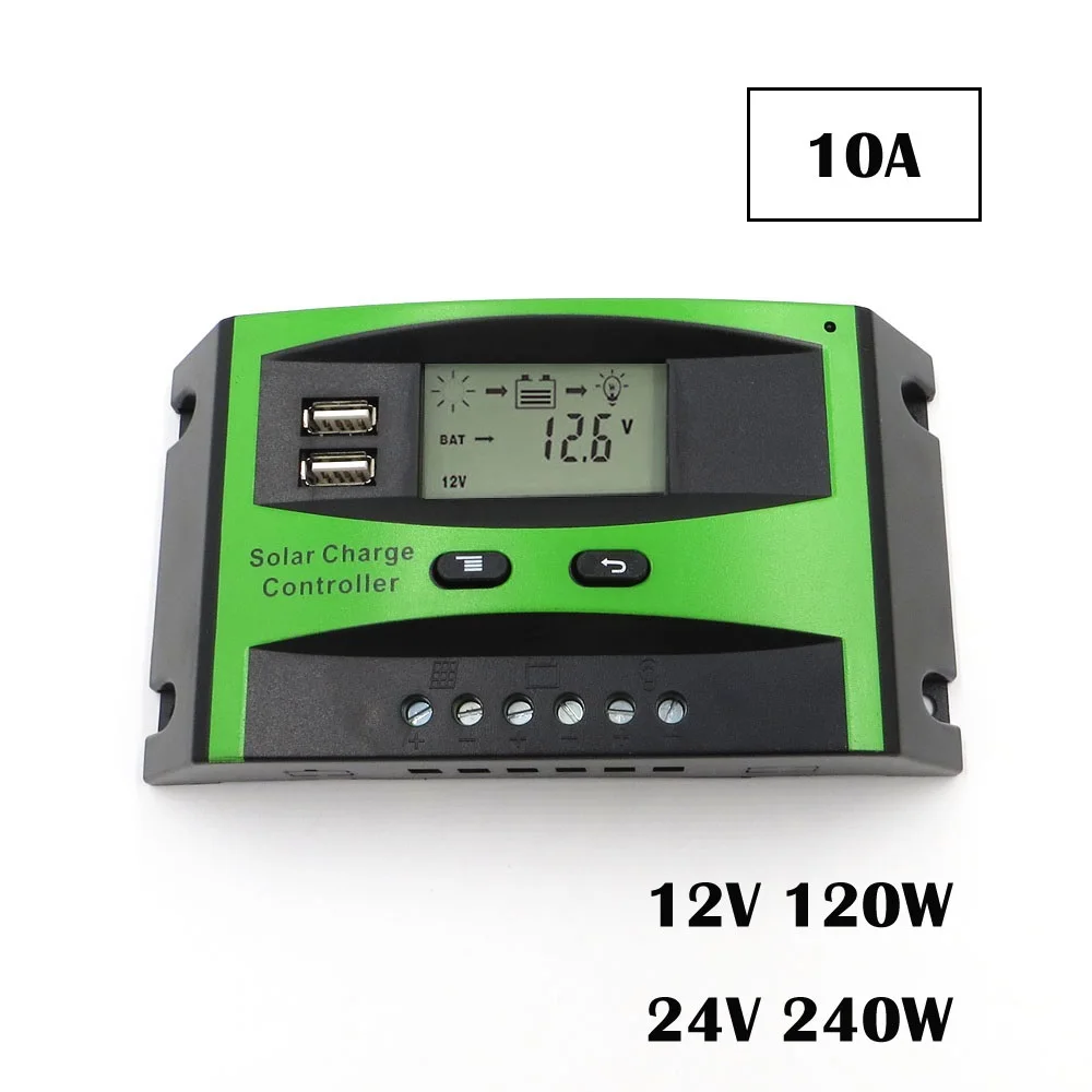 PWM 12V 24V 10A 20A 30A 40A 50A 60A солнечная панель контроллер заряда батареи Регулятор ЖК-дисплей USB 5V зарядное устройство для мобильного телефона - Цвет: 10A