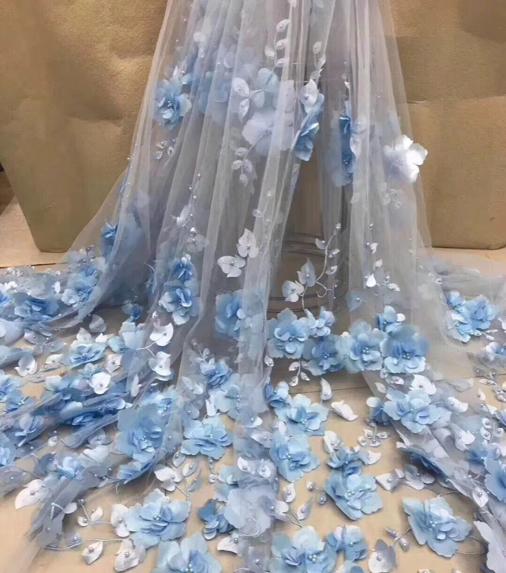 light blue 3D lace fabric with appliqued flower heavy bead lace fabric for haute couture dress Embroidery design beaded lace