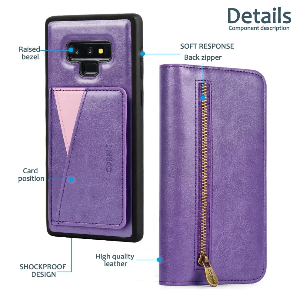Кожаный чехол CORNMI для samsung Note 9, многофункциональный бумажник съемный чехол на молнии для телефона с отделением для карт, карманные деньги