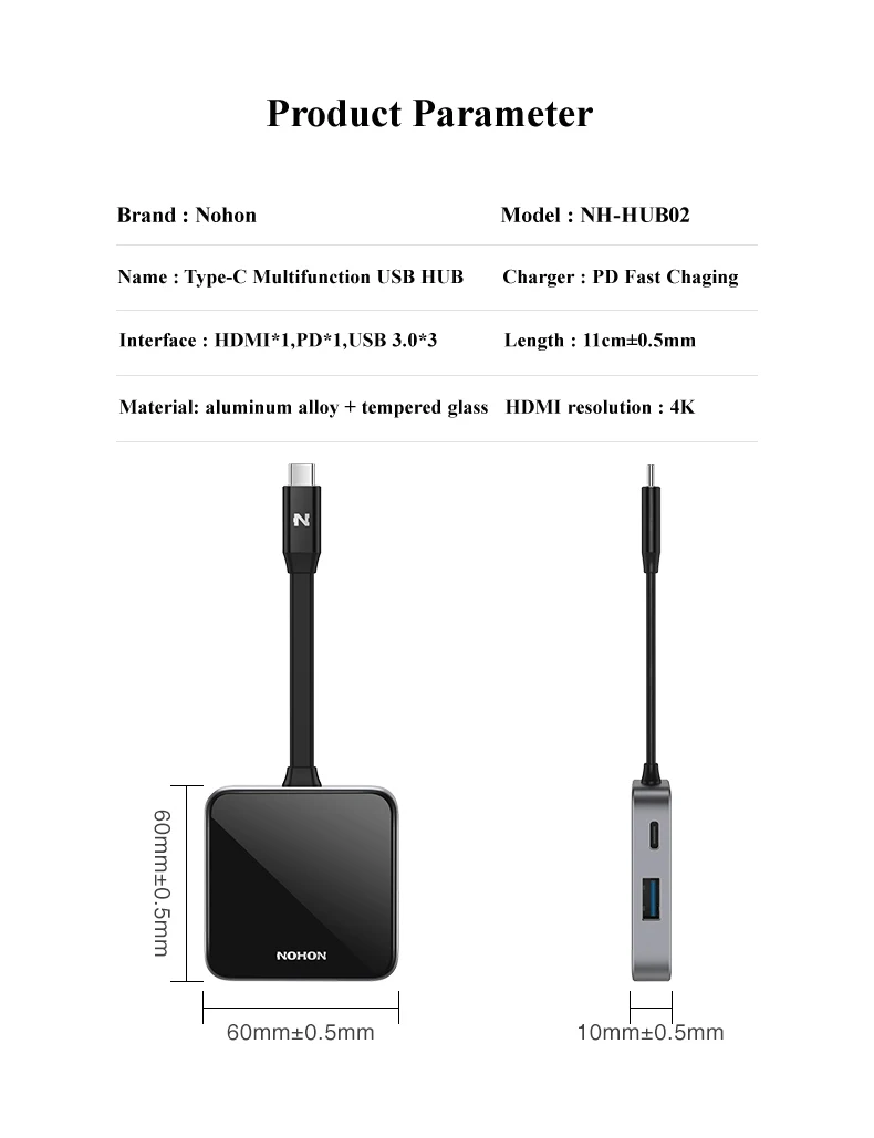 Nohon USB C HUB 3.0 HUB HDMI Thunderbolt 3 Adapter For MacBook Huawei P20 Pro Mate10 Samsung Galaxy S9 Note 9 Type C PD  USB HUB NH-HUB02 Details  (16)