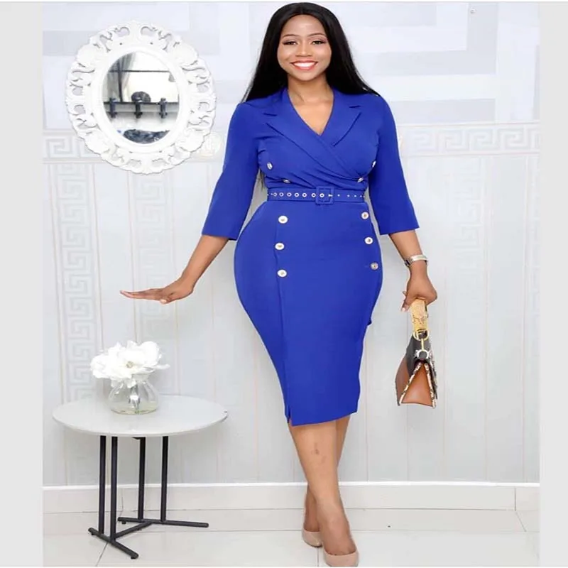 

Elegant Office African Women Pencil Dress Plunging Tailored Collar Double Breasted Rich Woman Uniform Business Suit with Belt