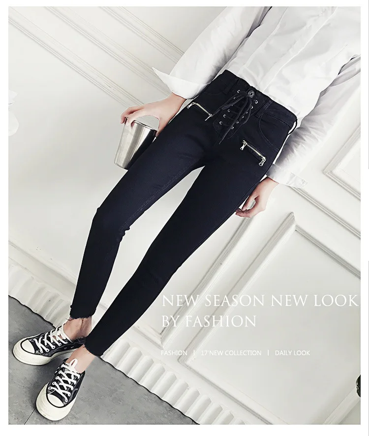 YuooMuoo, новые модные дизайнерские джинсы на молнии для женщин, обтягивающие джинсы с высокой талией, женские черные штаны на завязках спереди, женские брюки