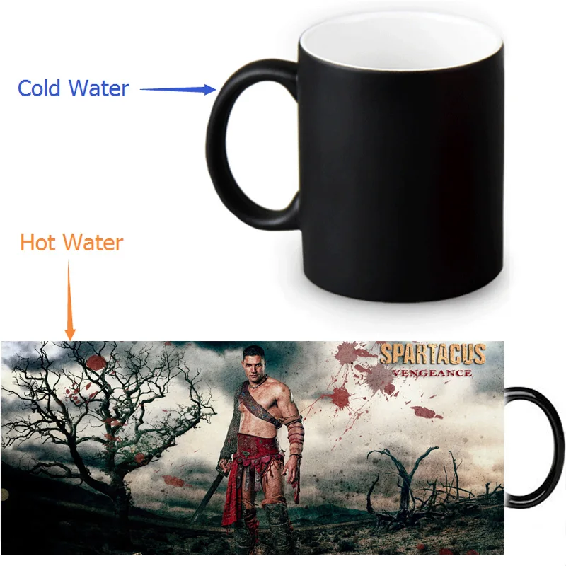 

Custom Morphing Mugs Spartacus Blood and Sand Coffee Milk Hot Cold Heat Sensitive Color Changing Black and White 12 Oz Ceramic