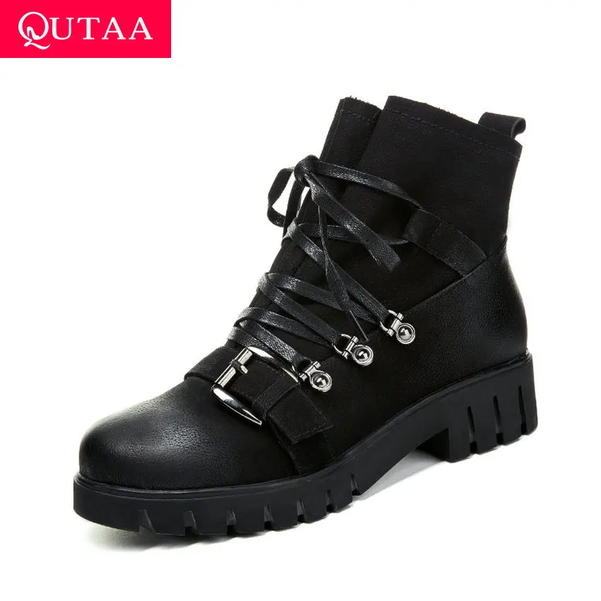 Женские ботинки на шнурках QUTAA короткие из натуральной кожи с пряжкой
