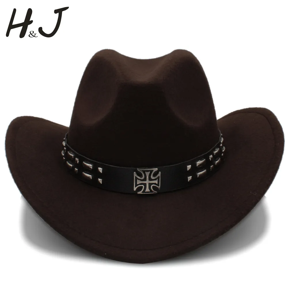 

Men Wool Western Cowboy Hat With Roll-up Brim Gentleman Dad Jazz Equestrian Sombrero Hombre Steampunk Cap Size 56-58CM