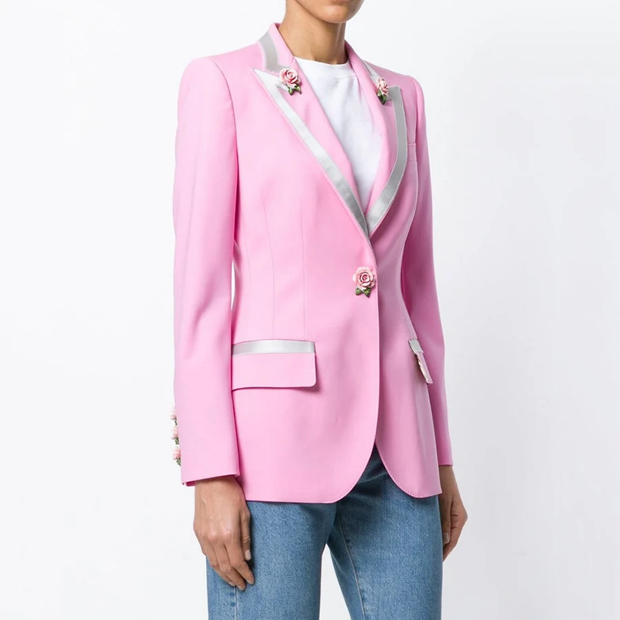Mode Vestes Bureau Floral Deigner Bouton Femmes Rose Blazer Costumes Printemps Mince Veste Casual 2019 Unique Marque Doublure wgzYqHz