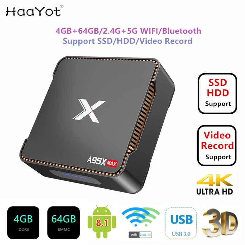 HAAYOT A95X MAX Android 8,1 ТВ-бокс S905X2 4 Гб 64 Гб 2,4 г + 5 г WiFi 1000 м BT4.2 поддержка H.265 Набор Box Поддержка SDD/HDD видео запись