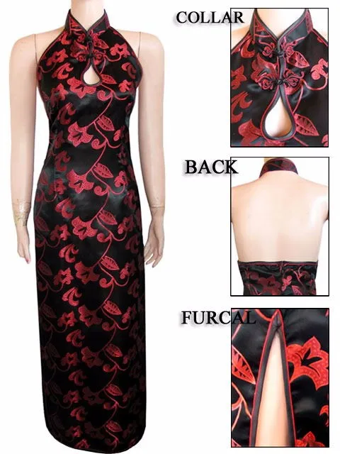 Черный, красный цветочный китайский Для женщин Шелковый Qipao новые летние длинные повод Cheongsam пикантные летние платье с открытой спиной