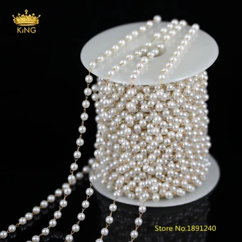 

5Meters 4mm White Pearl Chains Jewelry,Wire Wrapped Round Pearl Beads Plated Brass Links Chains Making Necklace Supplies BH03