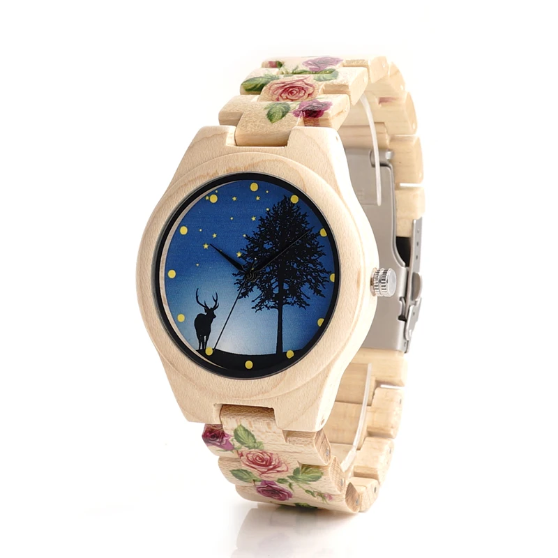 BOBO BIRD Wood Watch With UV Printing Flower Wooden Band Mens Women's Quartz Watches Japanese Miyota 2035 Movement Wristwatches