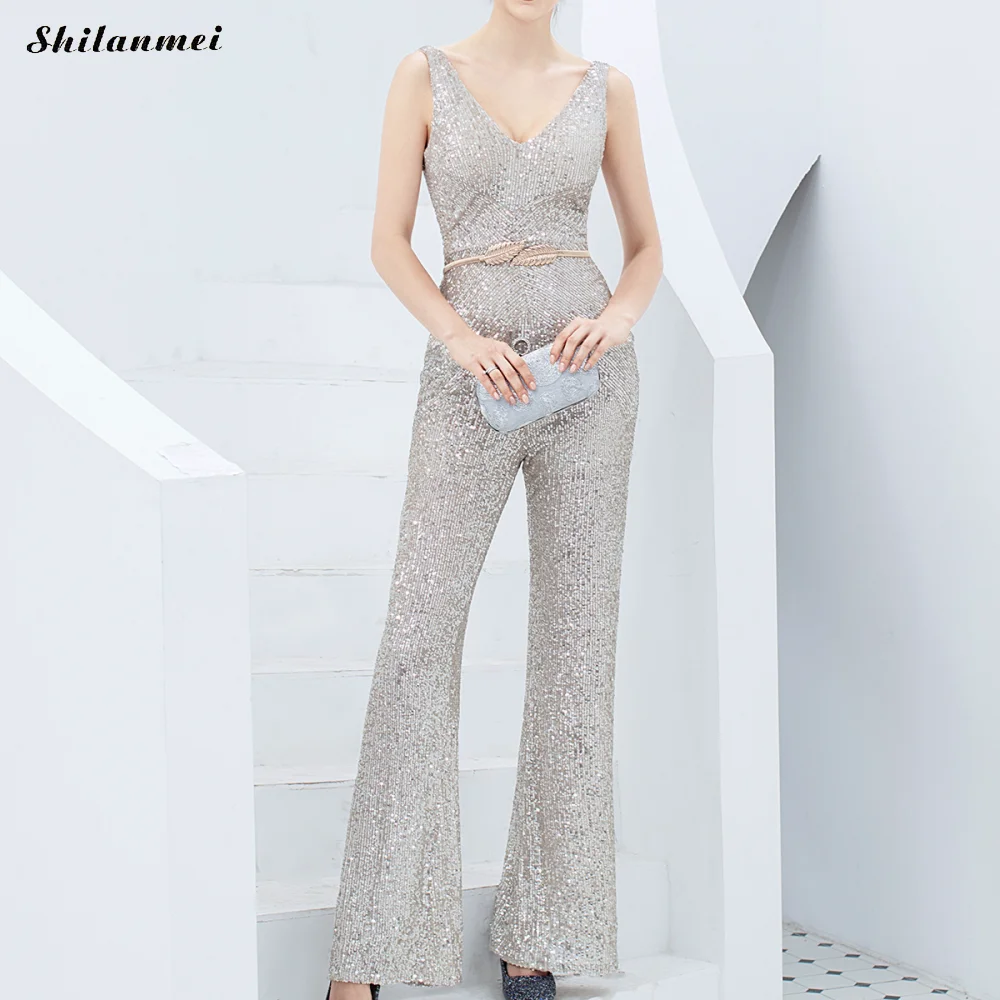 Sparkly Sequined Sequined Women Summer Sexy Deep V-Neck Club Party Long Playsuits Sleeveless Backless Elegant Romper Femme - Color: silver