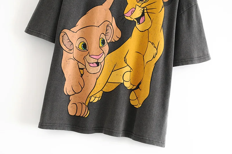 Женская футболка, модная, с рисунком льва, летняя, с круглым вырезом, короткий рукав, серая, повседневная, женские топы C983