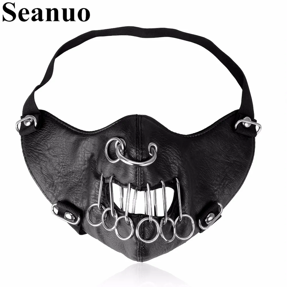 

Seanuo Black Steampunk Cosplay Open Mouth With Hanging Circles Face Mask For Men Vintage Real Leather Halloween Motorcycle Masks
