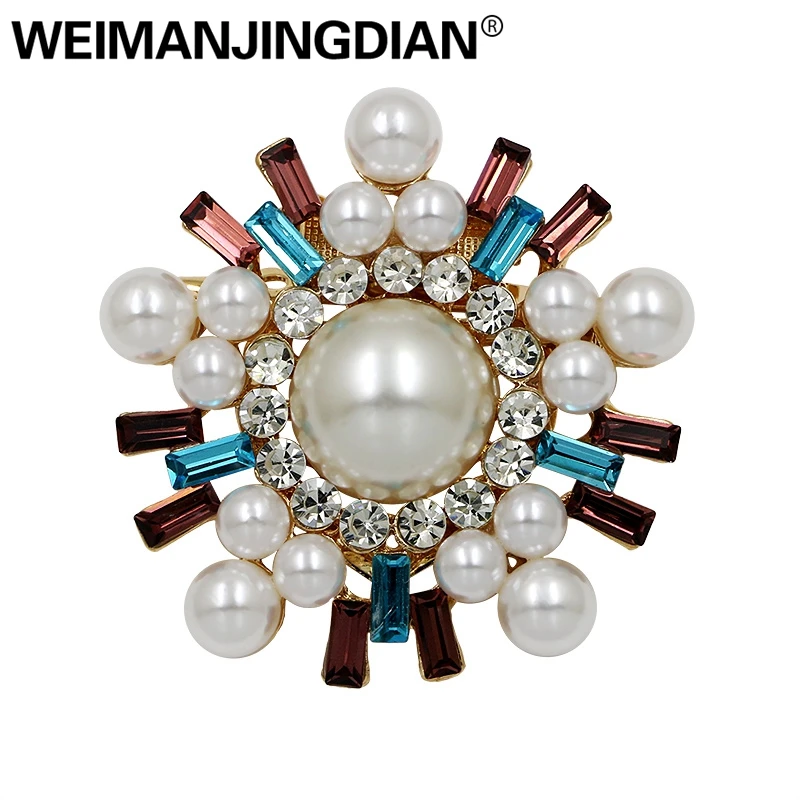 

WEIMANJINGDIAN Brand Multi Color Simulated Pearl and Crystal Round Shape Brooches or Scarf Clips for Women