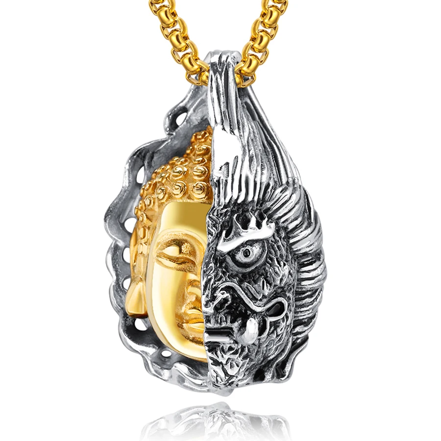

Half Buddha Devil Pendants Necklaces Buddhism Personality Vintage Jewelry Titanium Steel Men's Necklace