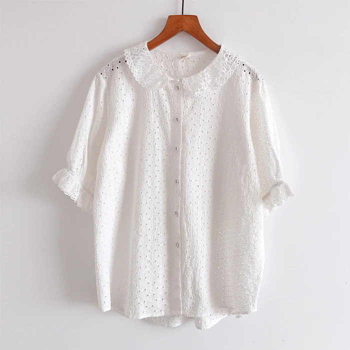 

cotton full-length exquisite summer short-sleeved small shirt hollow embroidery blouse female 2019