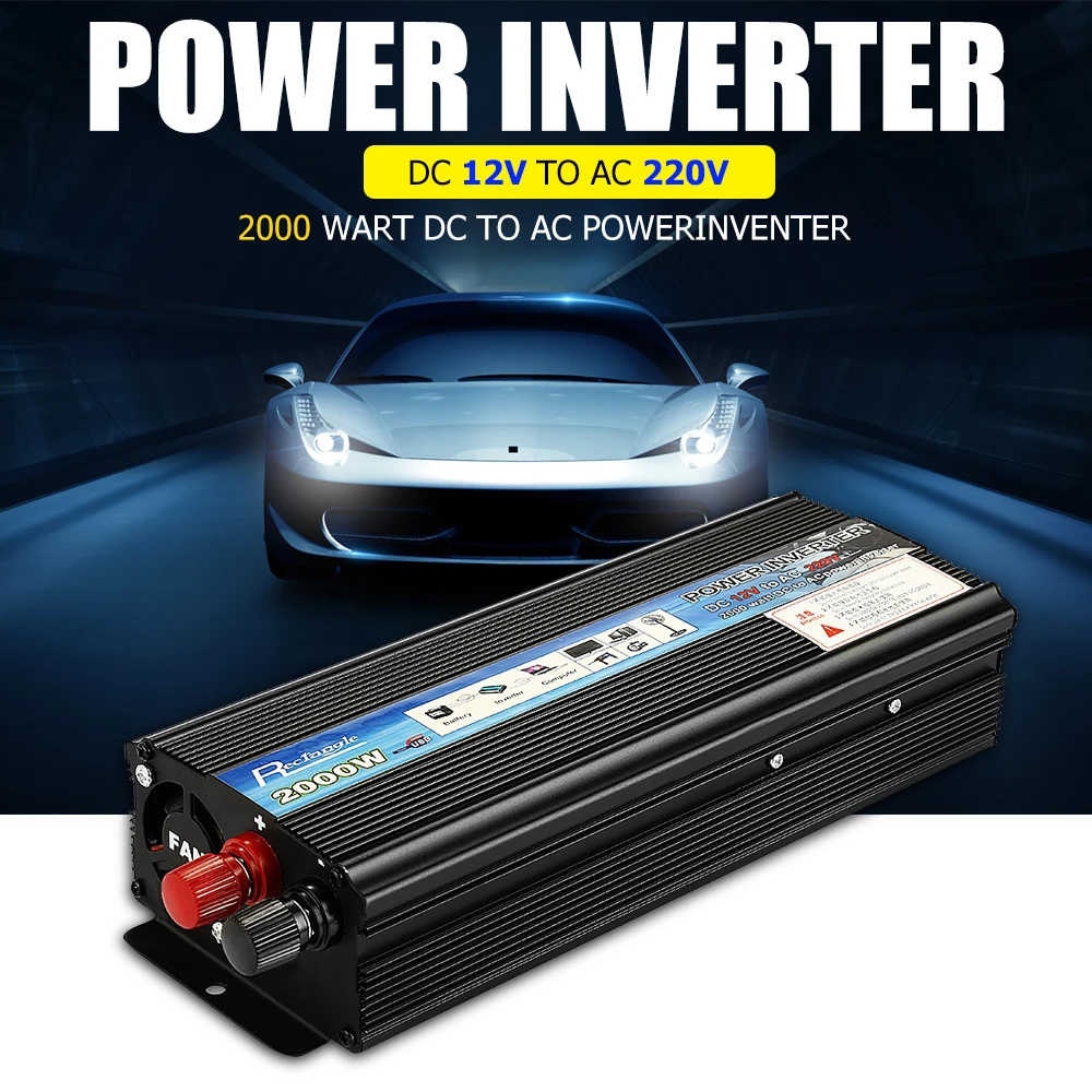 Rectangle Car Inverter 2000W DC 12V to AC 220V Power Inverter Charger Converter Sturdy and