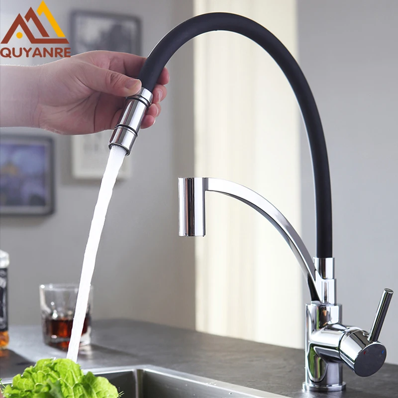 

Quyanre Chrome Black Pull Out Kitchen Faucet Black Rubber Single Handle Mixer Tap 360 Rotation Kitchen Basin Sink Faucet