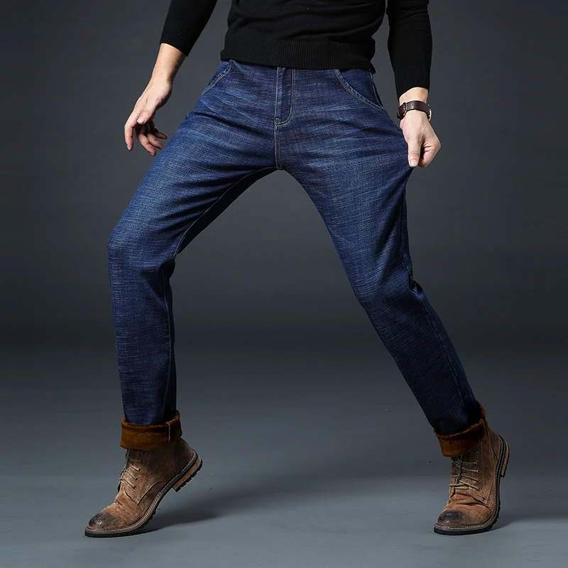 Осенние зимние джинсы для холодных мужчин для активного отдыха теплые джинсы для больших высоких мужчин теплые флокированные мягкие мужские джинсы 38 40 42 44 46