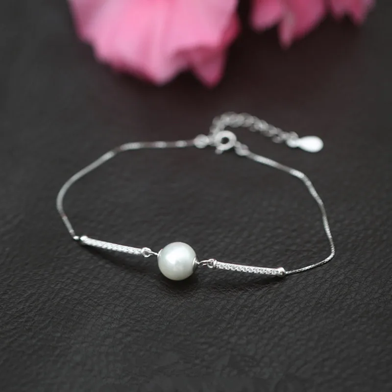 Dainty 925 sterling silver Chain Bracelet Round Pearl Charm Rhinestones