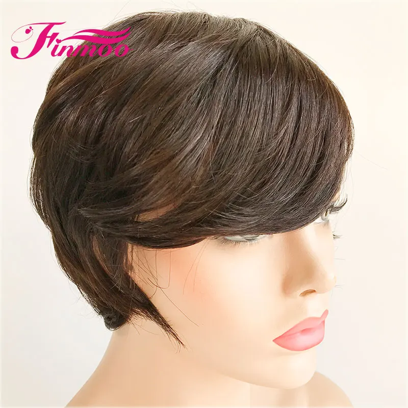 

Finmoo Short Wave Brazilian Remy Hair Wigs Natural Color 4 Inches 100% Human Hair Weaving With Bangs For Black Women