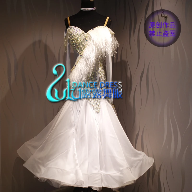 

Women swing tango waltz Smooth us 8 dance competition dress Gradation ballroom dance dress White Pearl ballroom dance dress