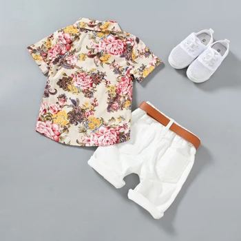 

Floral Summer Baby Boys Short Sleeve Floral Print Tops Blouse Shirt+Hole Shorts Casual Outfits Sets for Kids Traveling School