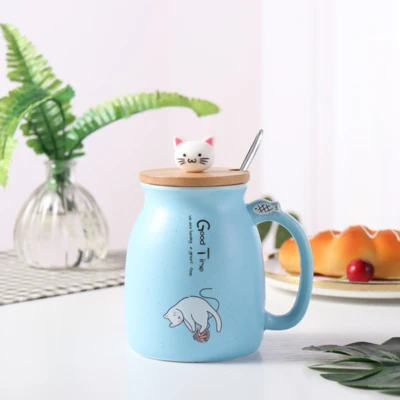 Креативная керамическая кружка с милым котом, мультяшная кружка с крышкой, кружка с котенком, молоком, кофейные керамические кружки, чашка для студентов, посуда для напитков, подарки на день рождения - Цвет: sky blue
