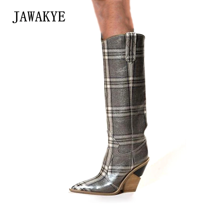 

Genuine Leather Snake skin Knee High Boots Women Designer Pointed Toe Wedges High Heels Shoes Woman Winter Long Botas Feminina