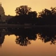 Reflection of a government building in water at dusk  Capitol Building  Washington DC  USA Poster Print (18 x 6)