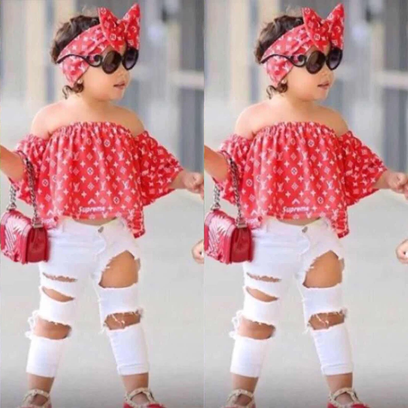 

1-6Y Girls Clothes Set Fashion Bow hairband + A word shoulder Top + hole Pant Baby Girls Clothing Set Kids Clothes Set Dtz375