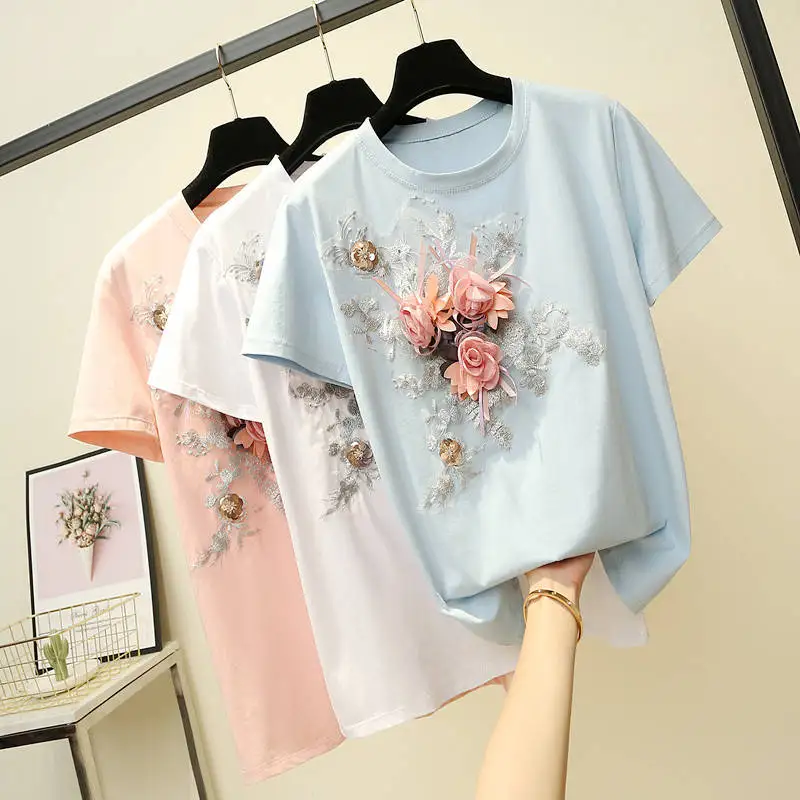 Neploe Plus Size T Shirt for Women Korean Fashion Embroidery Lace Flower Femme Shirt Tops O Neck Student Loose Casual Tee Tshirt