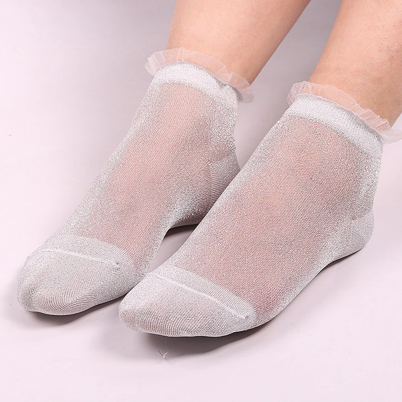 5Colors Women Lace Socks Summer Shiny Crystal Glass Silk Thin Ankles Short Sock Transparent Glitter Sox Maternity Women's Sock - Цвет: Silver