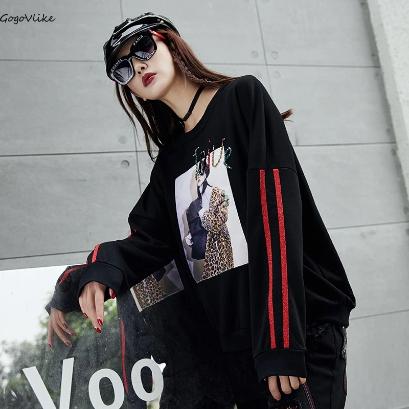 

Portrait Appliques Pullovers Lace Spliced Sweatershirt 2019 Spring Women Tops Cool Punk Clothing New hoody Plus Size LT839S40