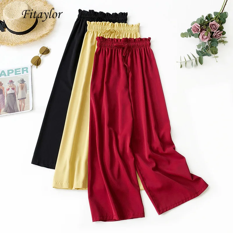 

Fitaylor Summer Chiffon Pants Women Candy Colors Loose Wide Leg Pants Casual High Waist Full Length Pants Ladies Trousers