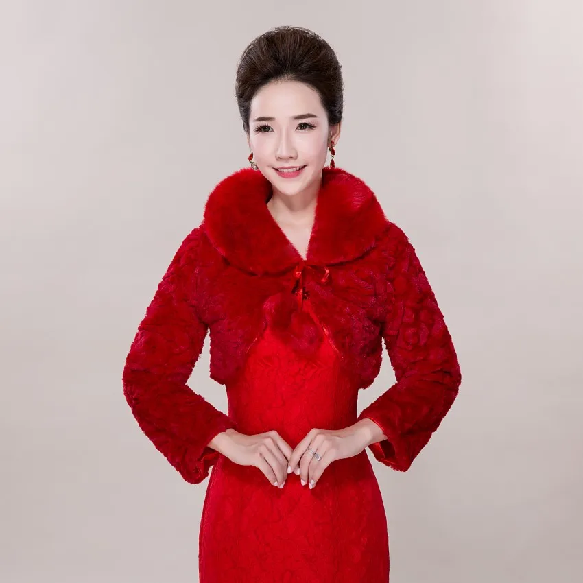 

2019 Vintage Warm Faux Fur Red Winter Wedding Coat Bolero Chaqueta de Novia Free Shipping