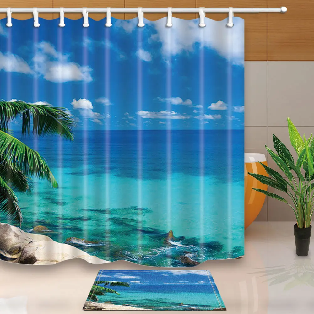 Морской пейзаж занавеска для душа пальмовое дерево голубое небо пляж Ванная комната занавеска s полиэстер водонепроницаемый плесени доказательство с 12 крючками для Ванной Экраны