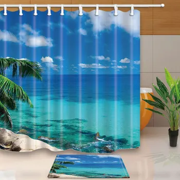

Seascape Shower Curtain Palm Tree Blue Sky Beach Bathroom Curtains Polyester Waterproof Mildew Proof With 12 Hooks Bath Screens