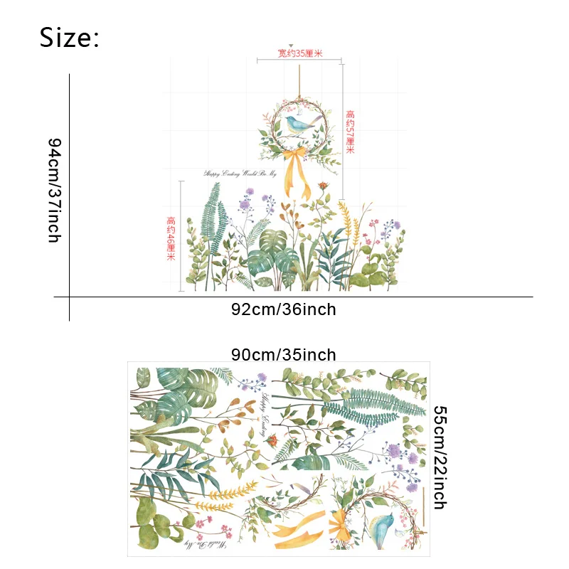 Наклейки на стену с изображением цветов и травы для спальни, гостиной, дивана, телевизора, Съемные Наклейки на стены с изображением птиц, художественные фрески, Декор